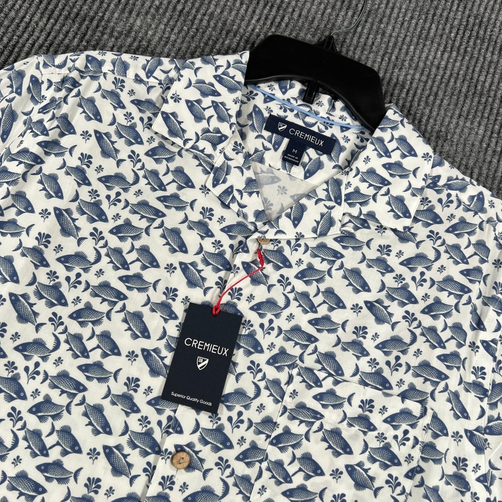 Cremieux Shirt Mens Medium White Blue Fish Geometric Button Up Casual New